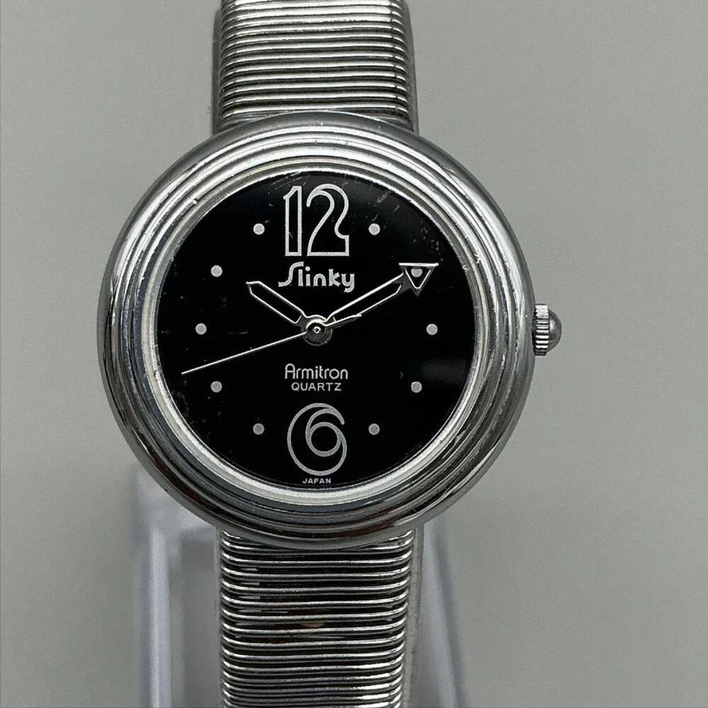 Vintage Armitron Slinky Womens Watch 29mm Black Dial Silver Tone New Battery